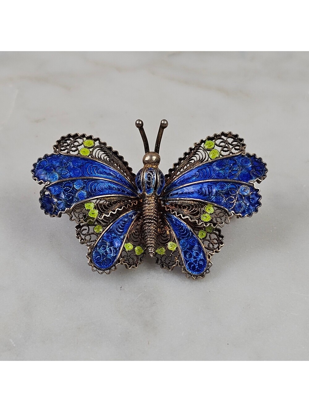 Vintage 800 Silver Filigree Butterfly Brooch Blue Enamel Mid Century Pin